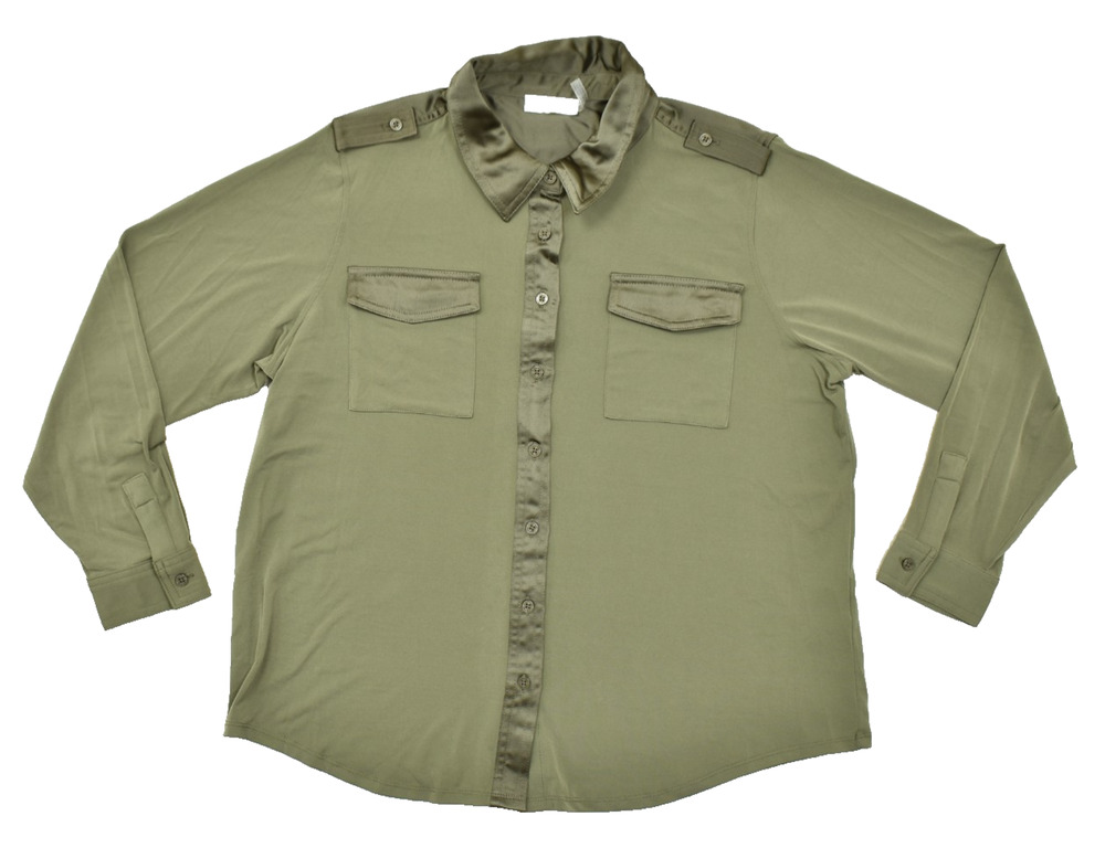 Calvin Klein Women Size L Green Long Sleeve Button Up Utility Utility Blouse Top
